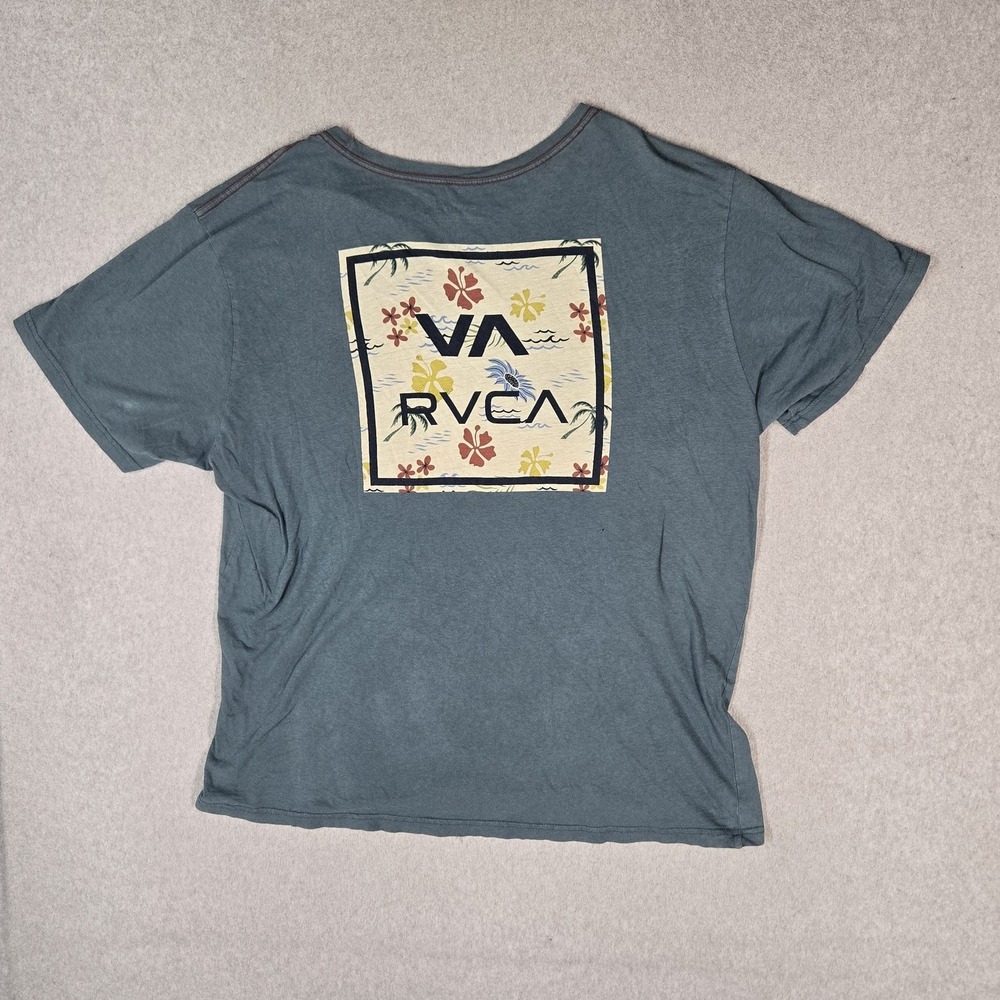 RVCA Men Shirt XL Teal Graphic Floral Logo Standard Wash Short Sleeve
